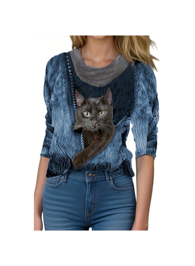 New Halloween Loose over Long-sleeved Round-neck Cat Print T-shirt Base Layer