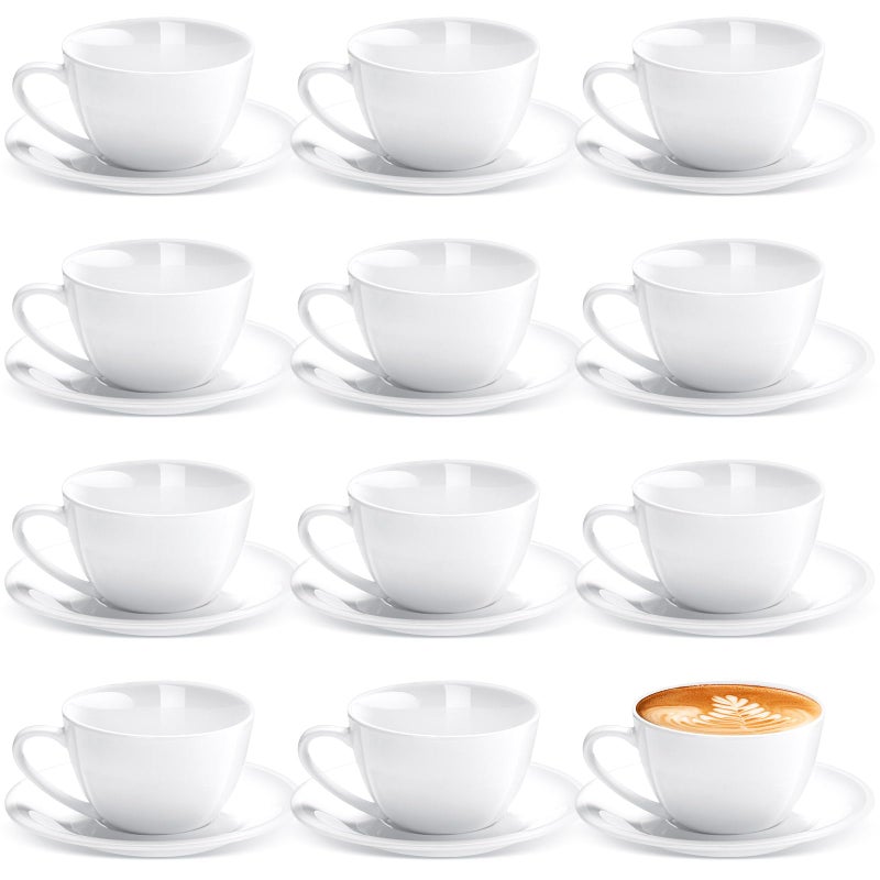 Maxdot 12 Set 55 OZ Porcelain Espresso Cups with Saucers White Ceramic Coffee Cups and Saucers Cappuccino Mug Latte Cup for Cafe Mocha Barista Coffee Shop