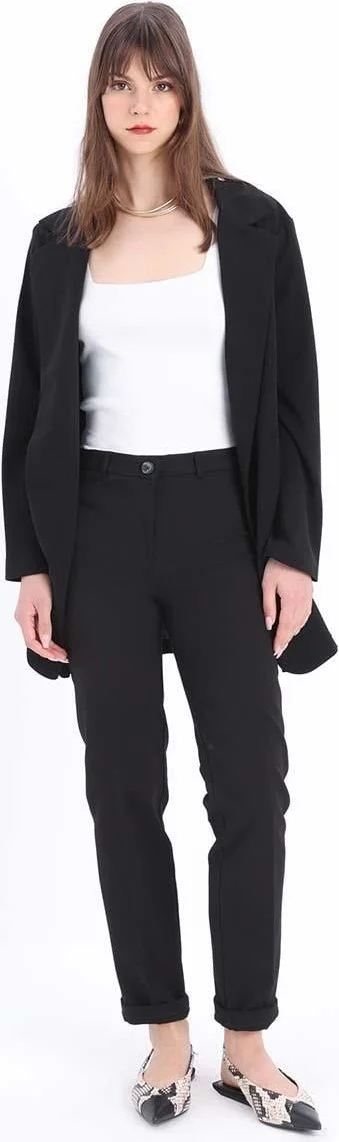 Allday Black-Cotton Double Leg Slim Fit Trousers