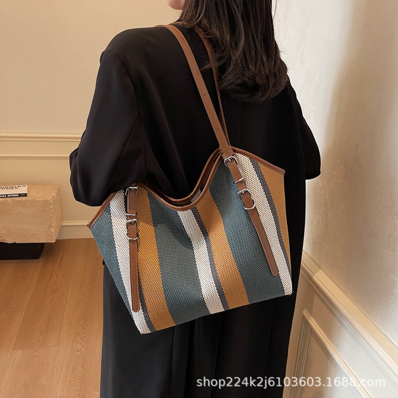 Large Capacity Canvas Striped Bag Women'S New Fashion Tote Bag All-Match Commuter Handbag Casual Shoulder Bag - Image 5