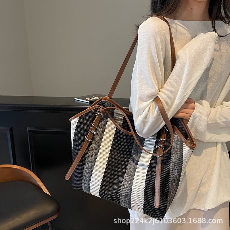 Large Capacity Canvas Striped Bag Women'S New Fashion Tote Bag All-Match Commuter Handbag Casual Shoulder Bag - Image 3