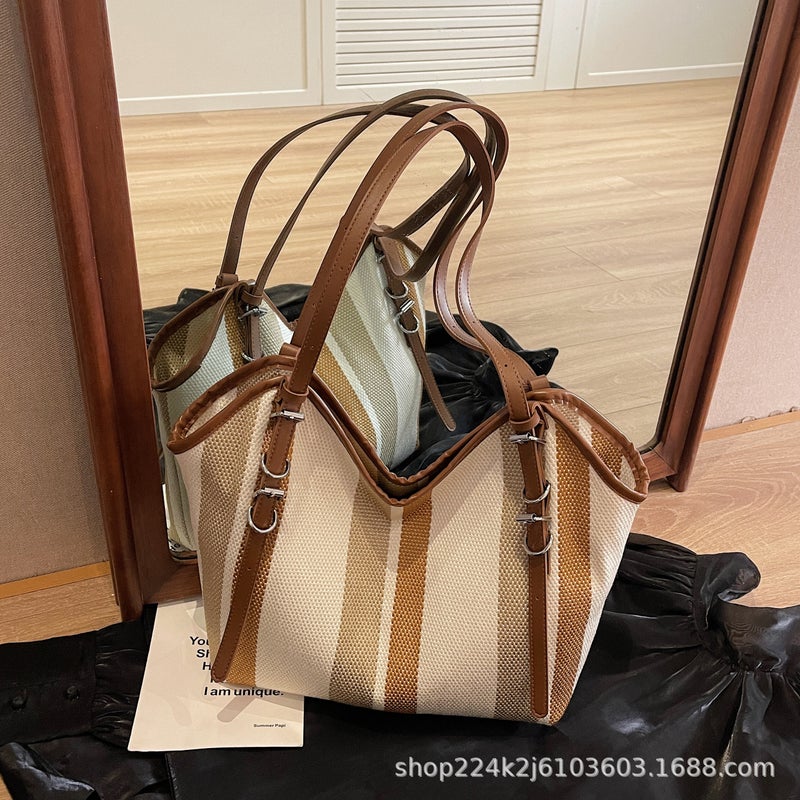 Large Capacity Canvas Striped Bag Women'S New Fashion Tote Bag All-Match Commuter Handbag Casual Shoulder Bag - Image 2