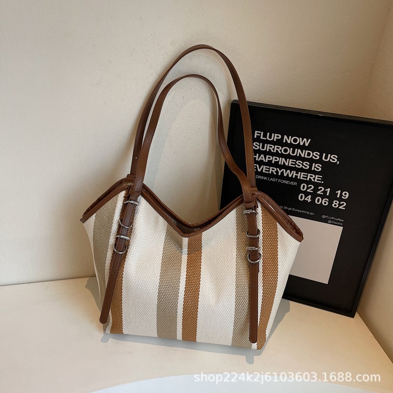 Large Capacity Canvas Striped Bag Women'S New Fashion Tote Bag All-Match Commuter Handbag Casual Shoulder Bag - Image 1