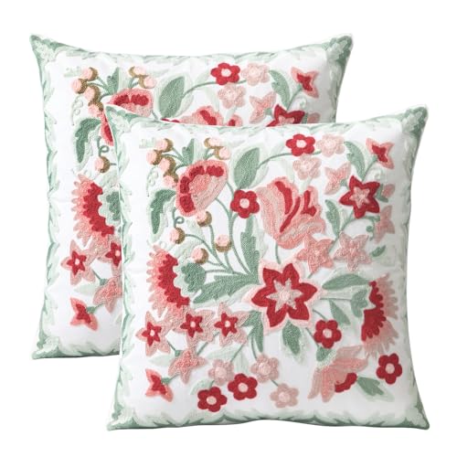 Pilmandu Set of 2 Embroidered Decorative Throw Pillow Covers Couch Square Pillowcases Cushion for Bedroom Sofa Farmhouse Decor 18x18 Inch (Angel Flower) - Image 1