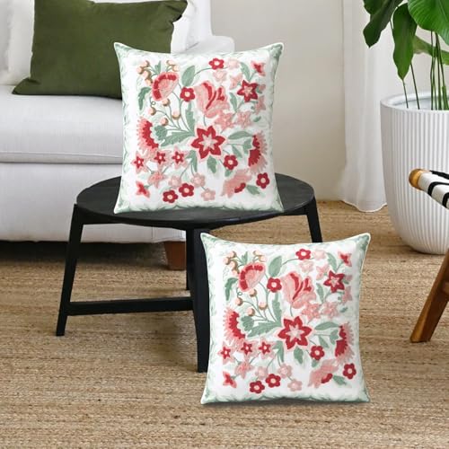 Pilmandu Set of 2 Embroidered Decorative Throw Pillow Covers Couch Square Pillowcases Cushion for Bedroom Sofa Farmhouse Decor 18x18 Inch (Angel Flower) - Image 3