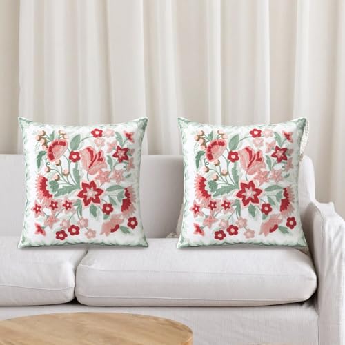 Pilmandu Set of 2 Embroidered Decorative Throw Pillow Covers Couch Square Pillowcases Cushion for Bedroom Sofa Farmhouse Decor 18x18 Inch (Angel Flower) - Image 2