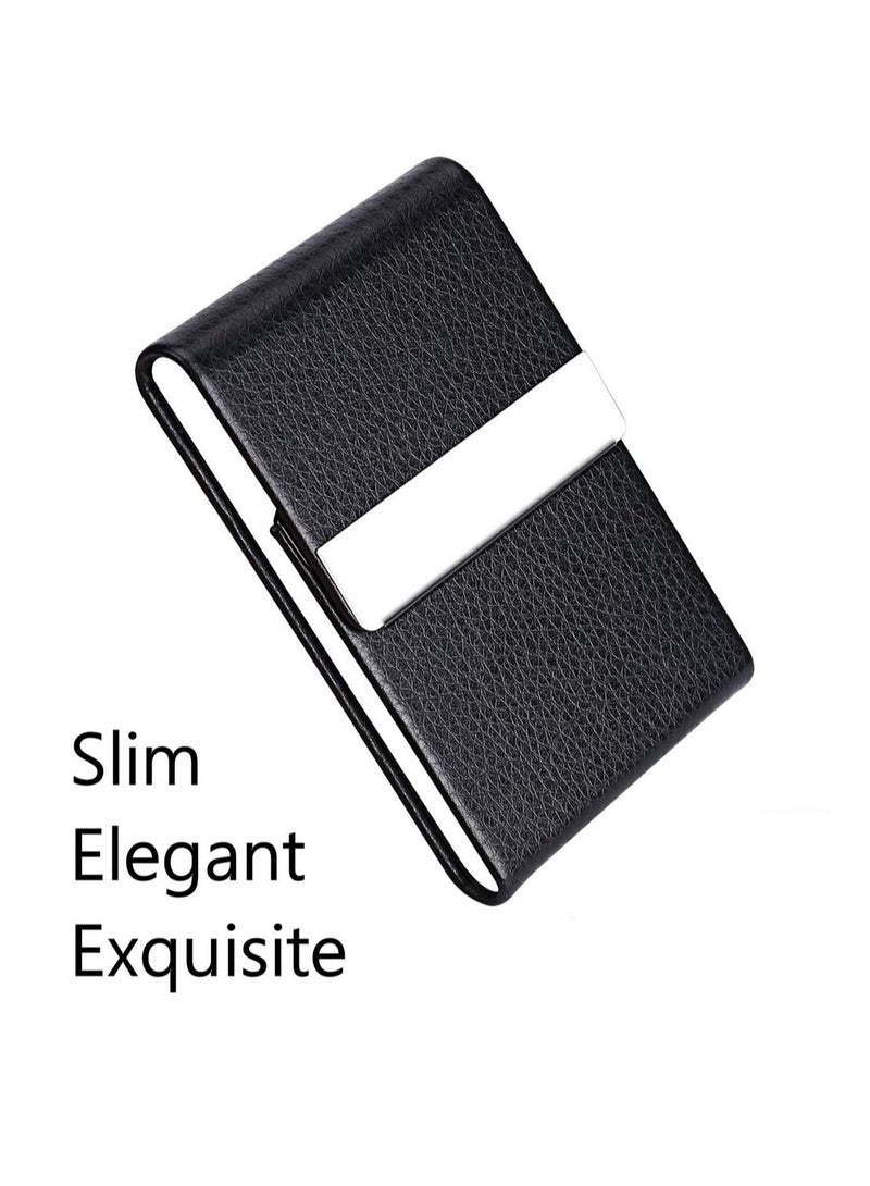 Business Card Holder Case Black Fashion Professional PU Leather Business Card Carrier Luxury Metal Name Card Holder with Magnetic Shut Wallet Credit Card ID Case for Men Women Best Gift - Image 4