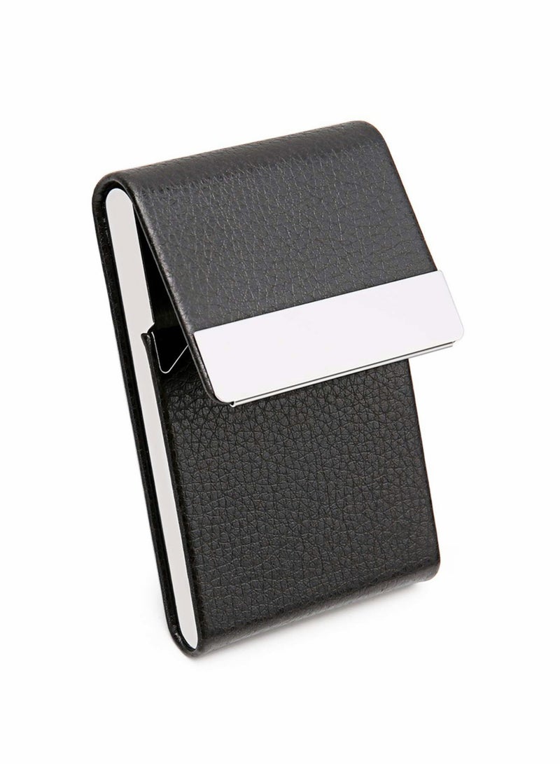 Business Card Holder Case Black Fashion Professional PU Leather Business Card Carrier Luxury Metal Name Card Holder with Magnetic Shut Wallet Credit Card ID Case for Men Women Best Gift - Image 5
