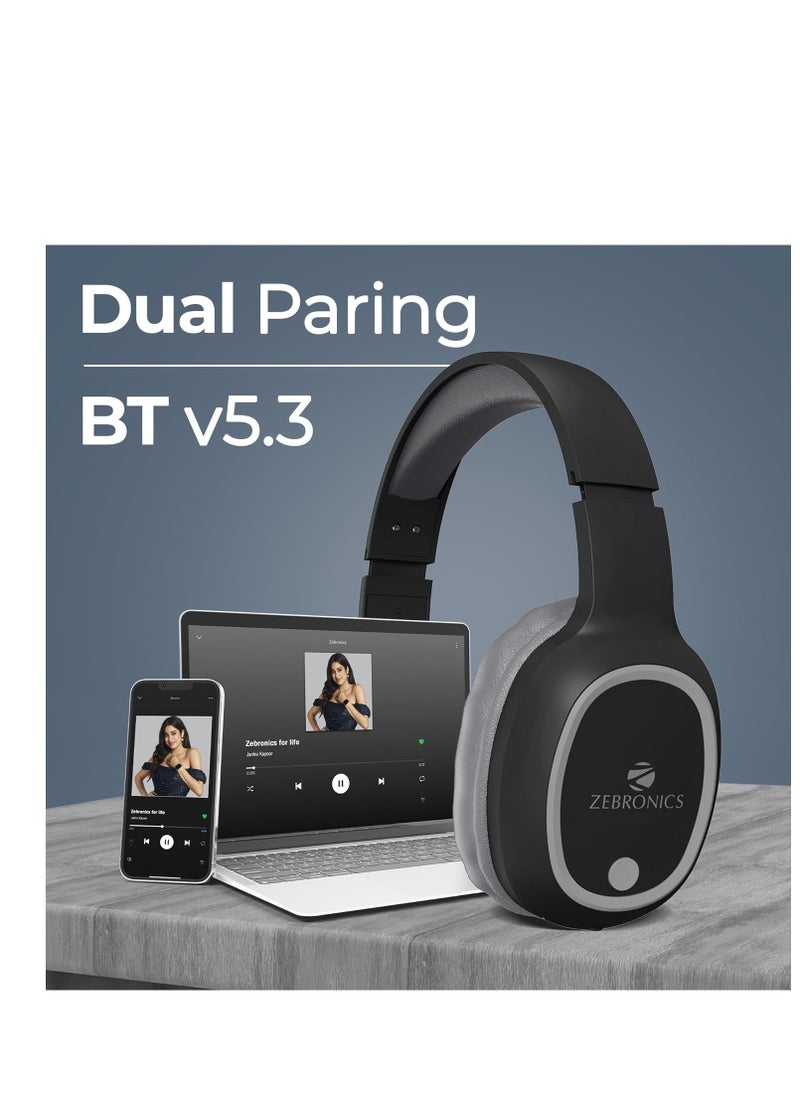 ZEBRONICS - ZEBRONICS THUNDER Bluetooth 5.3 Wireless Headphones with 60H Backup, Gaming Mode, Dual Pairing, ENC, AUX, Micro SD, Voice assistant, Comfortable Earcups, Call Function(Black) - Image 1