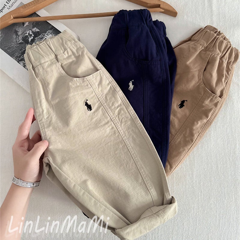Children'S Trousers 2025 Models For Boys And Girls, Solid Color Embroidered Carrot Pants, Versatile Baby Trousers - Image 2