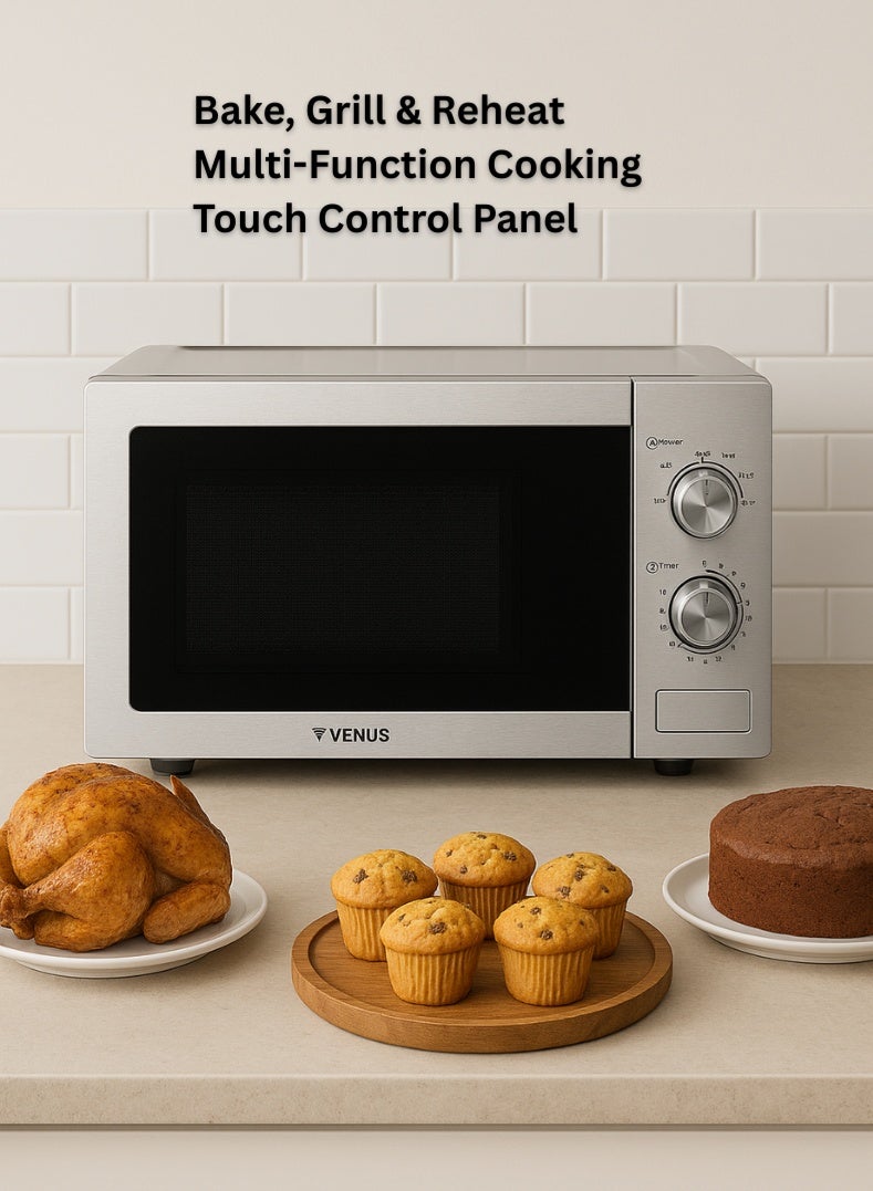 Venus فرن ميكروويف فينوس VMO-20SS سعة 20 لتر | هيكل من الفولاذ المقاوم للصدأ، مقابض بتشطيب كروم، باب أوتوماتيكي بزر ضغط - تصميم مدمج وأنيق - Image 2