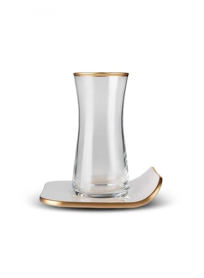 Karaca طقم شاي زجاجي كاراكا ريترو مكون من 12 قطعة لـ 6 أشخاص - 165 مل، 6 أكواب مع صحون، لون كريمي، يتضمن أطباق شاي - Image 1