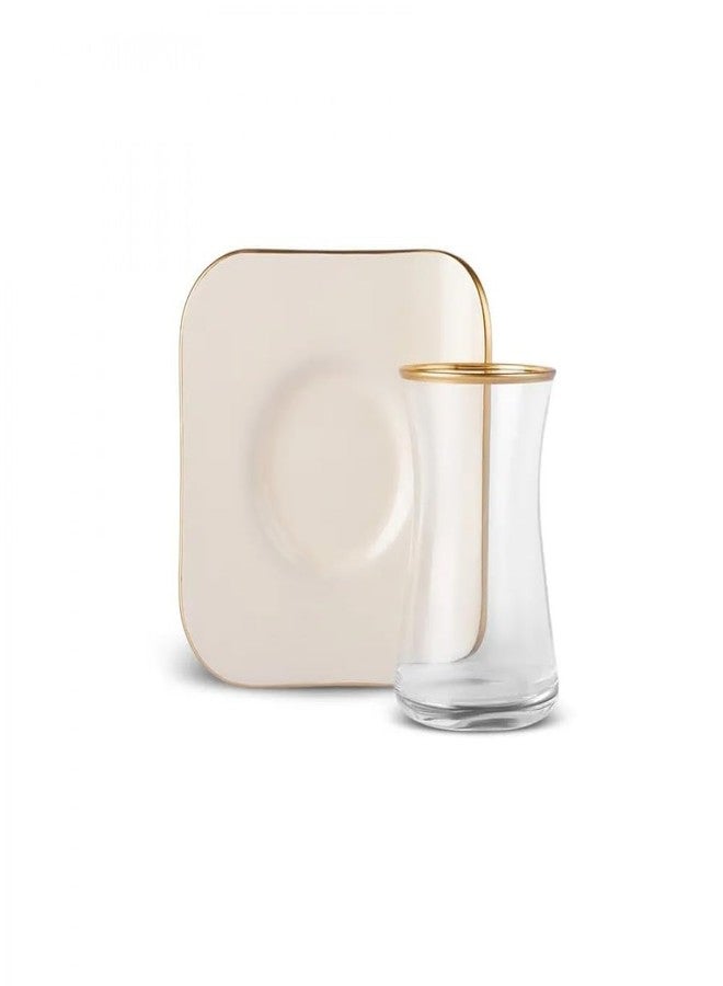 Karaca طقم شاي زجاجي كاراكا ريترو مكون من 12 قطعة لـ 6 أشخاص - 165 مل، 6 أكواب مع صحون، لون كريمي، يتضمن أطباق شاي - Image 3