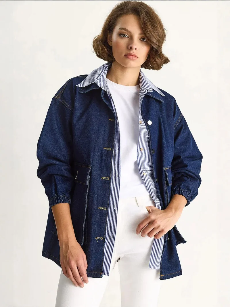 Bianco Lucci LUCCI Buttoned Denim Jacket with Shirt Collar