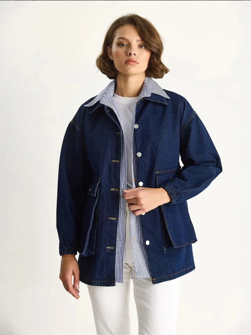 Bianco Lucci LUCCI Buttoned Denim Jacket with Shirt Collar