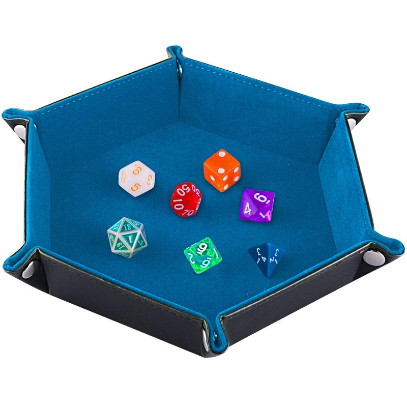 SIQUK Double Sided Dice Tray Folding Hexagon PU Leather and Velvet Dice Holder for Dungeons and Dragons RPG Dice Gaming DD and Other Table Games Sky Blue - Image 2