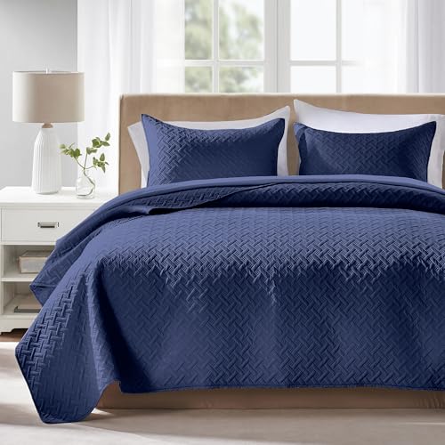 FLYMME Quilts Queen Size - Ultra Soft Navy Blue Quilt Lightweight Microfiber Bedspreads, Classic Basket Weave Pattern Bedspread Bed Coverlet 3 Pieces for All-Season (1 Quilt, 2 Pillow Shams) - Image 1