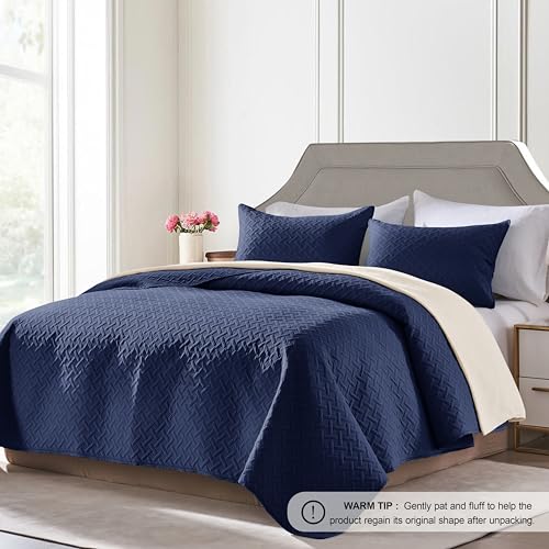 FLYMME Quilts Queen Size - Ultra Soft Navy Blue Quilt Lightweight Microfiber Bedspreads, Classic Basket Weave Pattern Bedspread Bed Coverlet 3 Pieces for All-Season (1 Quilt, 2 Pillow Shams) - Image 2