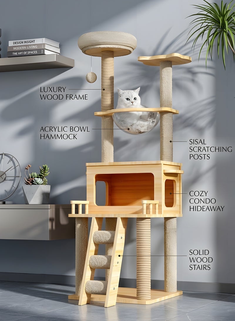 بيوينتي برج شجرة للقطط من زينزريس، مسكن عصري للقطط مع عش كبسولة فضائية، عمود خدش مغطى بالسيزال، وسلم للقطط الداخلية - Image 3