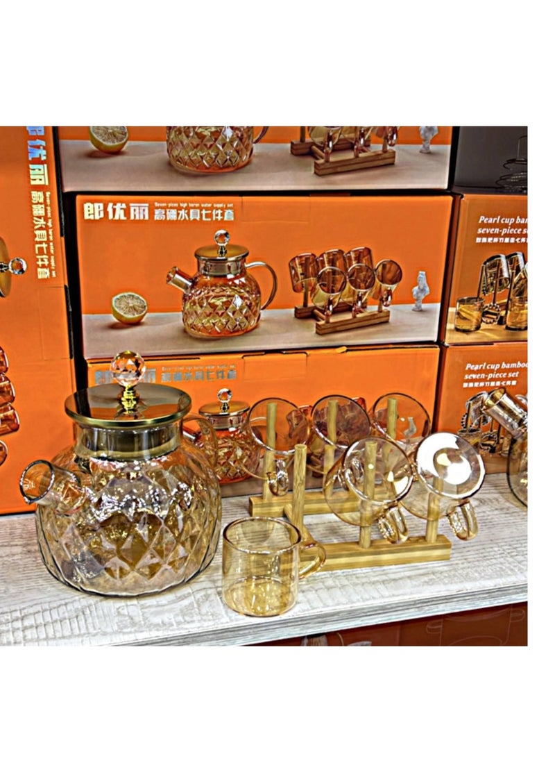 ماركة غير محددة طقم  شاي بيركس حراري 1 براد 1 لتر  غطاء خشب مقبض كريستال 6 مج بيركس  يد بابلز 200 ملي  - Image 2