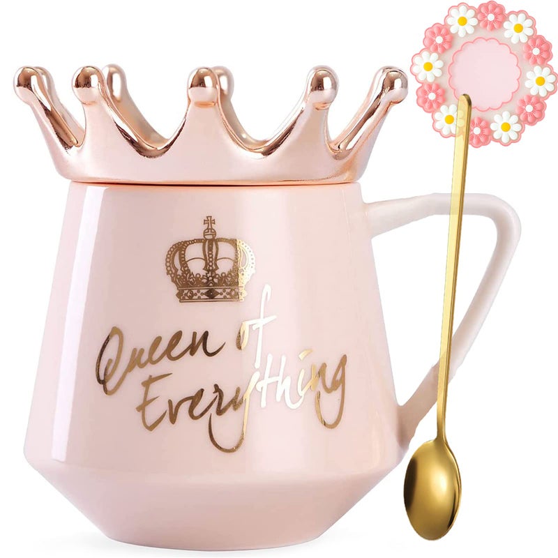 Arawat Pink Queen of Everything Mug with Lid Cute Pink Cup with Crown Tea Coffee Mugs Gift with Spoon & Coaster 12 oz Ceramic Cups Birthday Gifts for Women Girls Friend Valentine's Day Gifts for Women - Image 1