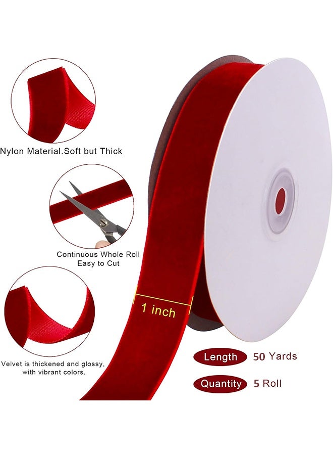 ليمون ٥ قطع من شرائط المخمل العتيق، بكرة واحدة، شريط مخملي ساتان لتزيين أكاليل الزهور، صناعة فيونكات يدوية، تغليف هدايا (بورجوندي، ١ سم، ١٠ ياردات) - Image 2