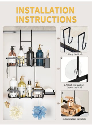 2 Tier Over Door Shower Caddy with 10 Hooks No Drilling Hanging Shower Organizer Large Capacity Bathroom Storage Rack with Soap Dish Toothbrush Holder - view 5