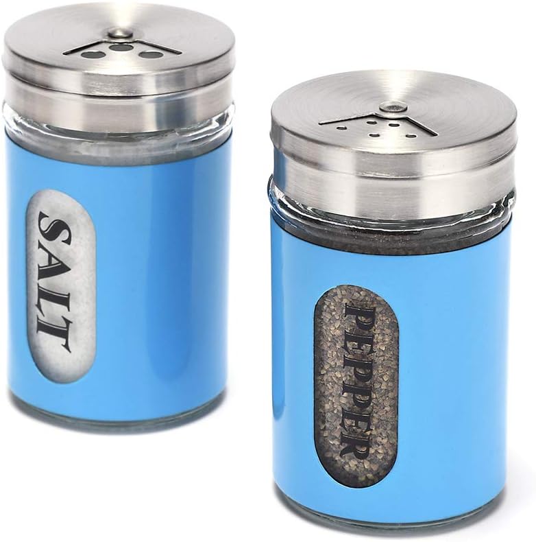 STJKBDFC Salt and Pepper Shakers Stainless Steel and Glass Set with Adjustable Pour Holes (Blue) - Image 1
