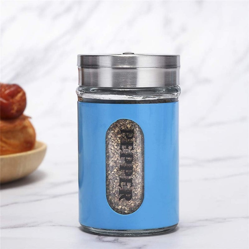 STJKBDFC Salt and Pepper Shakers Stainless Steel and Glass Set with Adjustable Pour Holes (Blue) - Image 5