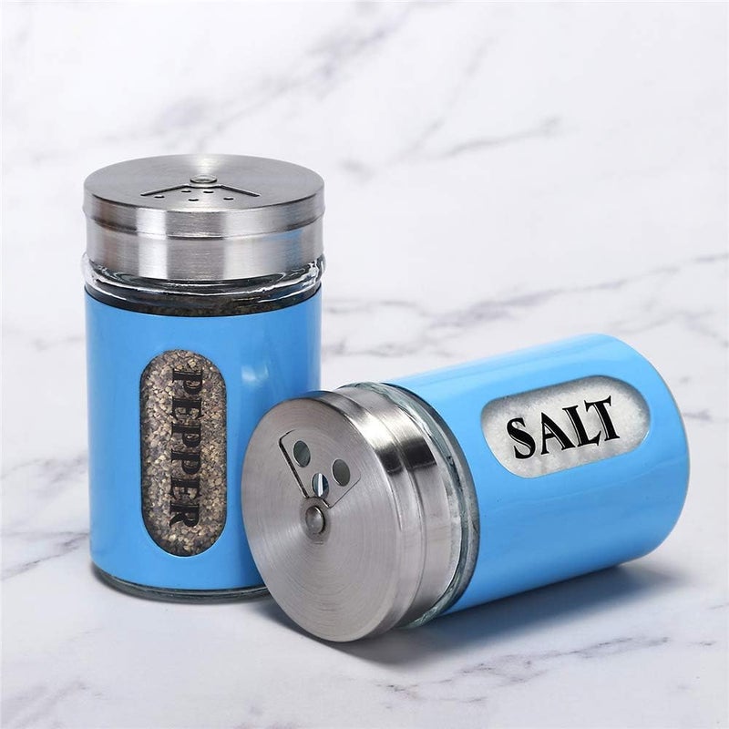 STJKBDFC Salt and Pepper Shakers Stainless Steel and Glass Set with Adjustable Pour Holes (Blue) - Image 3