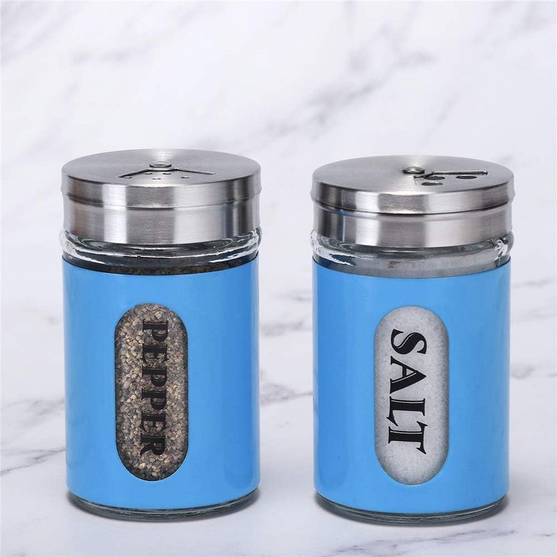 STJKBDFC Salt and Pepper Shakers Stainless Steel and Glass Set with Adjustable Pour Holes (Blue) - Image 2