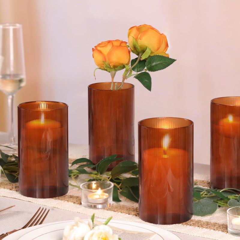 TripodBird Amber Glass Cylinder Vases for Centerpieces - 6 Inch Tall Flower Vases for Wedding & Fall Decor, Floating Candle Holders for Table Centerpieces, Set of 6Pcs - Image 5
