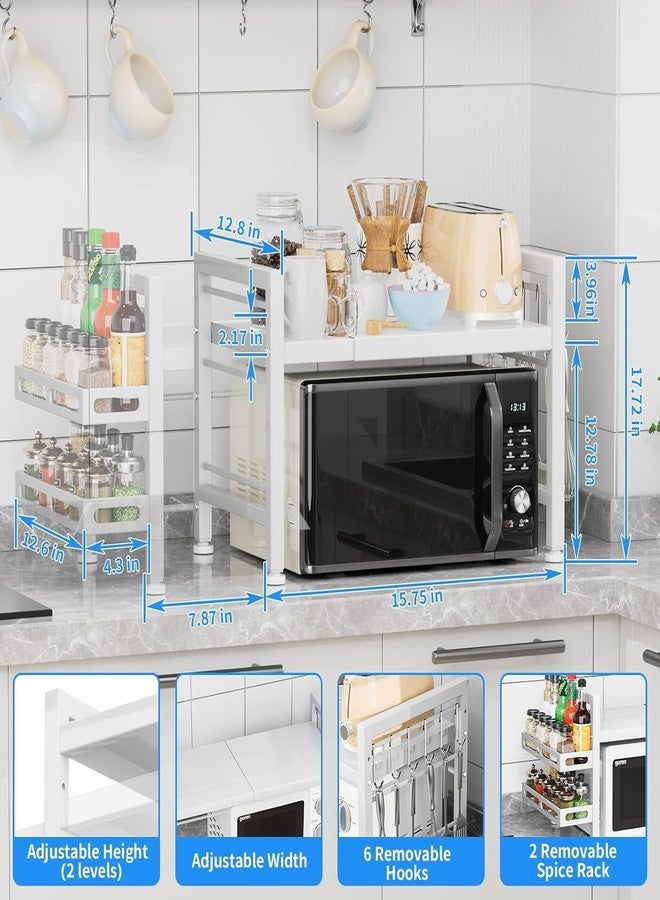 OGFC 35504 Over the Microwave Shelf - Adjustable Countertop Microwave Stand 2 Tier Microwave Rack (L15.7~23.6" xW12.8 xH17.7) with Spice Organizer and 6 Hooks for Kitchen White - Image 2