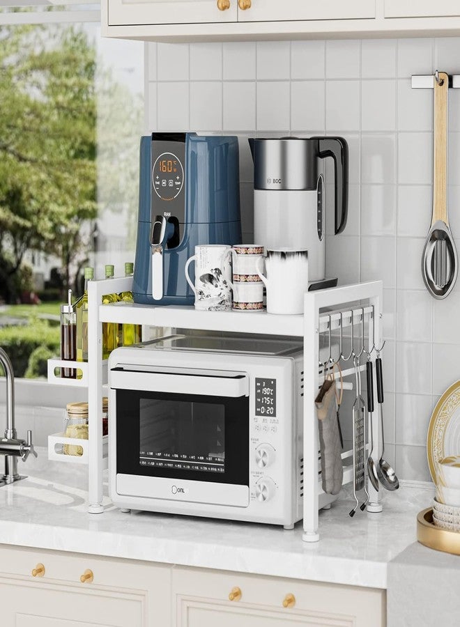 OGFC 35504 Over the Microwave Shelf - Adjustable Countertop Microwave Stand 2 Tier Microwave Rack (L15.7~23.6" xW12.8 xH17.7) with Spice Organizer and 6 Hooks for Kitchen White - Image 1