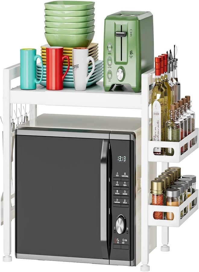 OGFC 35504 Over the Microwave Shelf - Adjustable Countertop Microwave Stand 2 Tier Microwave Rack (L15.7~23.6" xW12.8 xH17.7) with Spice Organizer and 6 Hooks for Kitchen White - Image 3