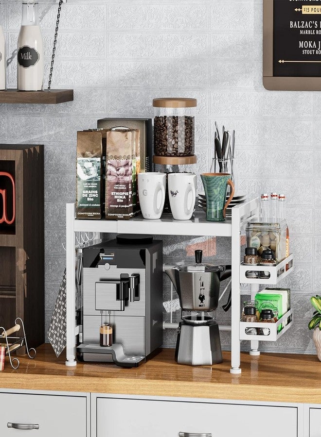 OGFC 35504 Over the Microwave Shelf - Adjustable Countertop Microwave Stand 2 Tier Microwave Rack (L15.7~23.6" xW12.8 xH17.7) with Spice Organizer and 6 Hooks for Kitchen White - Image 4