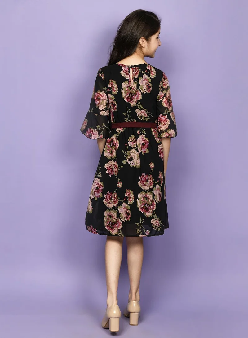 LILPICKS Floral Printed Belted Fit n Flare Dress