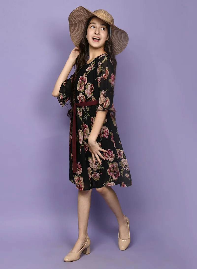 LILPICKS Floral Printed Belted Fit n Flare Dress
