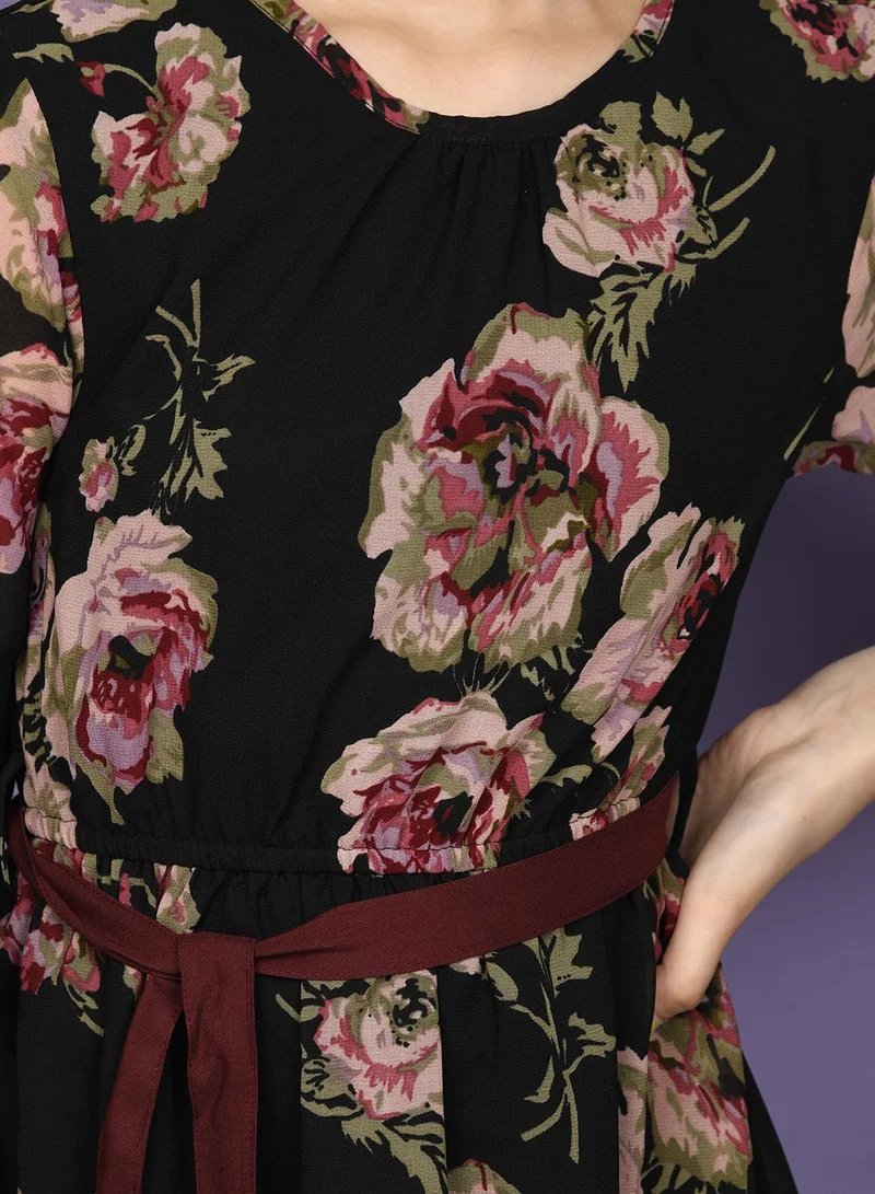 LILPICKS Floral Printed Belted Fit n Flare Dress