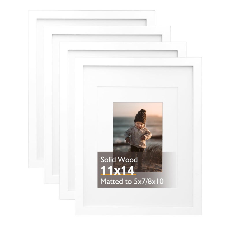 KINLINK 11x14 Picture Frame White Solid Wood Frames with Acrylic Plexiglass for Pictures 5x78x10 with Mat or 11x14 without Mat Tabletop and Wall Display Set of 4