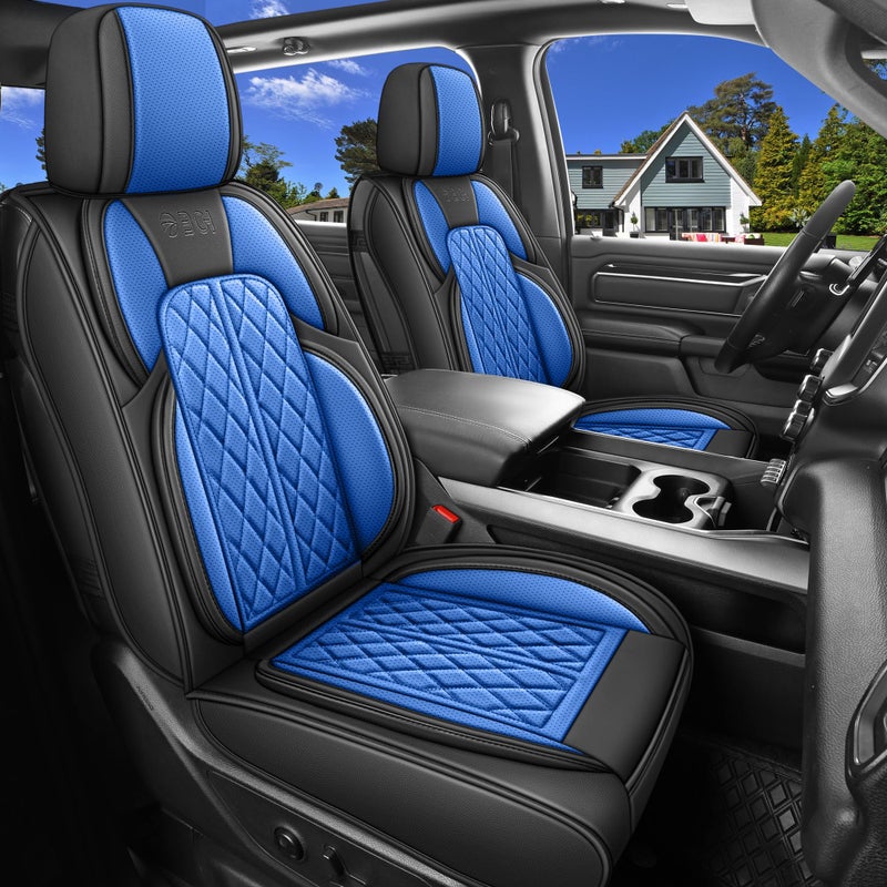 DuDuWang Car Seat Cover Custom Fit for Ford F150 2009-2026 Faux Leather Seat Cover Set Compatible with Regular Cab Super Cab Super Crew Pickup Truck Cushions (Black & Blue, Front Seat) - Image 1