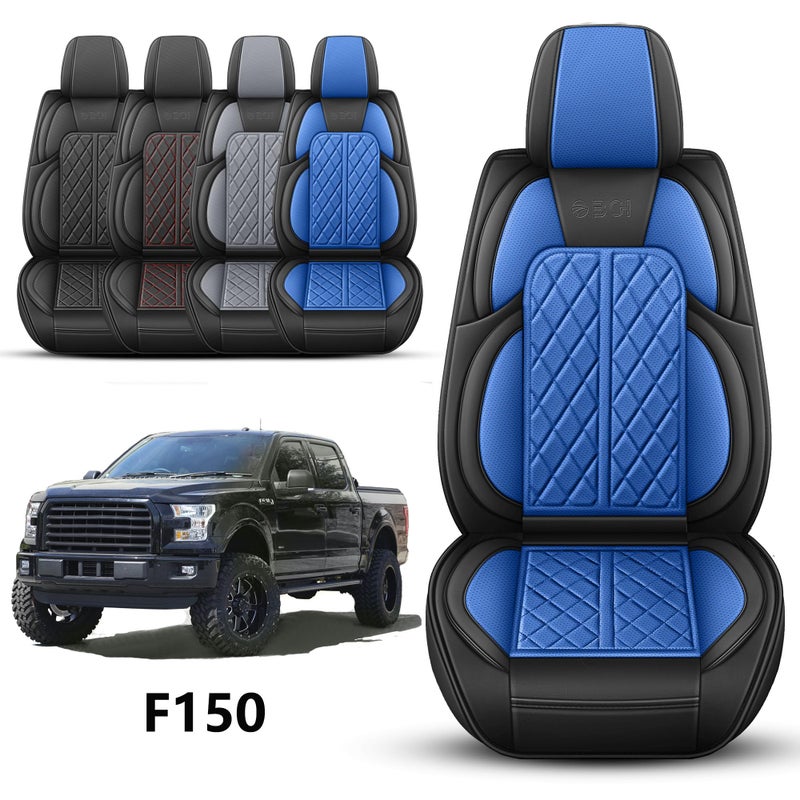 DuDuWang Car Seat Cover Custom Fit for Ford F150 2009-2026 Faux Leather Seat Cover Set Compatible with Regular Cab Super Cab Super Crew Pickup Truck Cushions (Black & Blue, Front Seat) - Image 2