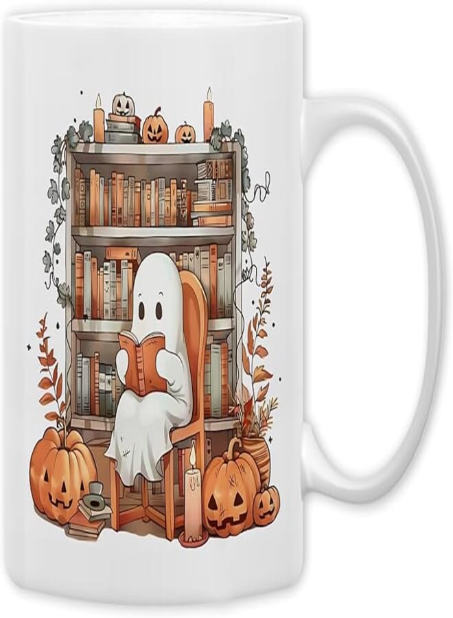 QASHWEY Halloween Reading Ghost Mug, HalloweenCoffee Mug, Fall Book Lovers Gifts Mugs, HalloweenThemed Mugs Tea Cup Gifts for Reading Lovers, Fall Bookish Ghost Halloween Coffee Cups Ceramic 11oz