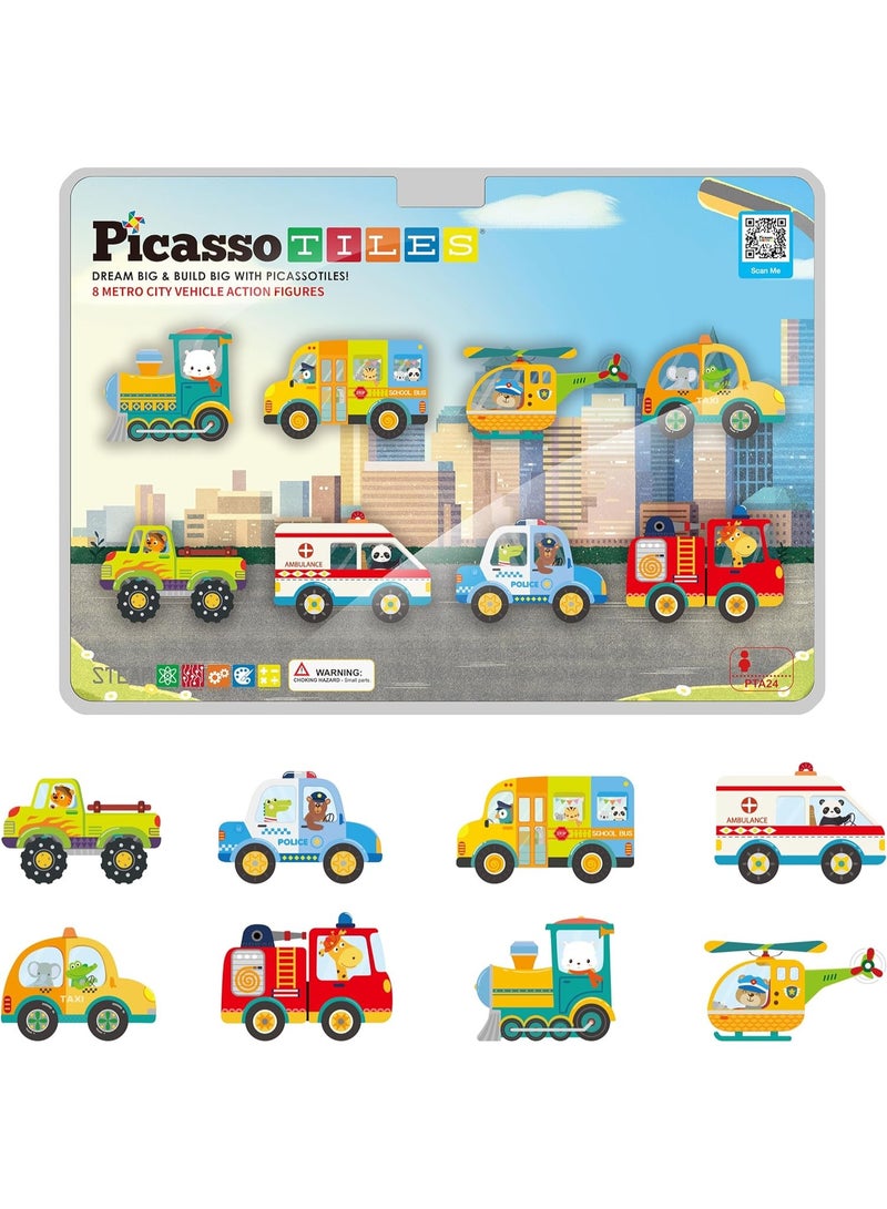PicassoTiles بيكاسو تايلز كتل مغناطيسية سيارات مدينة المترو 8 قطع | متوافقة مع بلاط مغناطيسي | كتل بناء | ألعاب STEM | مجموعة ألعاب تعليمية | كتل تكديس | مجموعة بناء للتطوير العقلي للأطفال - Image 1