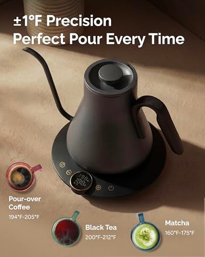 INTASTING Gooseneck Electric Kettle with Precise ±1℉ Temperature Control, Wood-Accented Handle, Stainless Steel Interior, Quick Heating Pour Over Kettle for Coffee & Tea, 0.9L, Matte Grey - Image 2