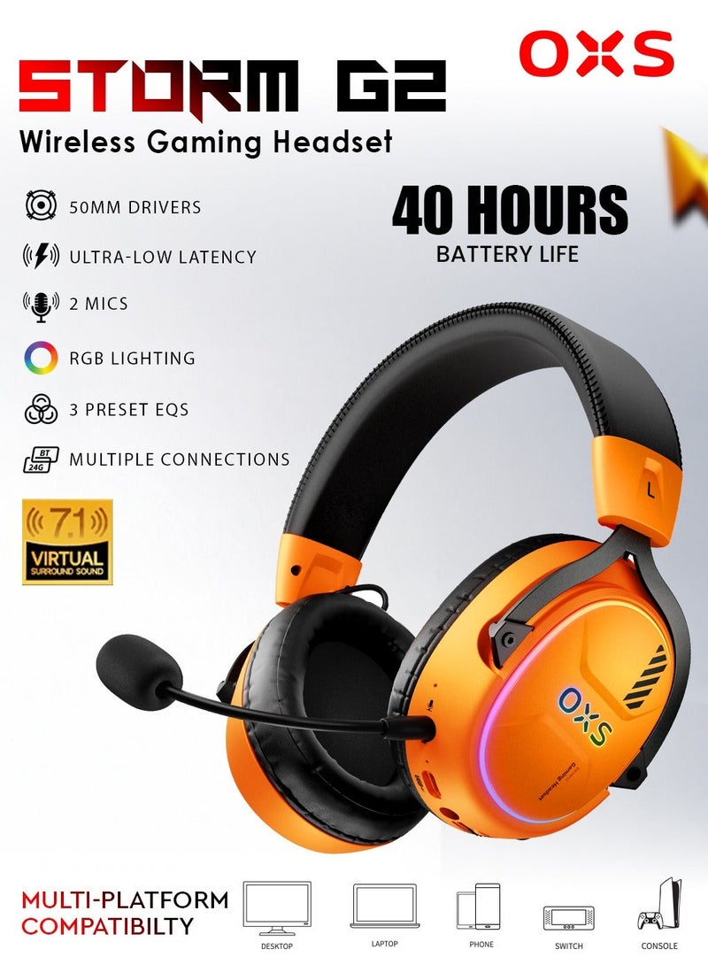 OXS AUDIO OXS Storm G2 Wireless Gaming Headset, Over-Ear, 40H Battery Life, 7.1 Virtual Surround Audio, 3 EQ Modes, Low Latency 2.4GHz, RGB Light, Bluetooth 5.3, Compatible with PC, Console, Mobile Phone - Orange - Image 1