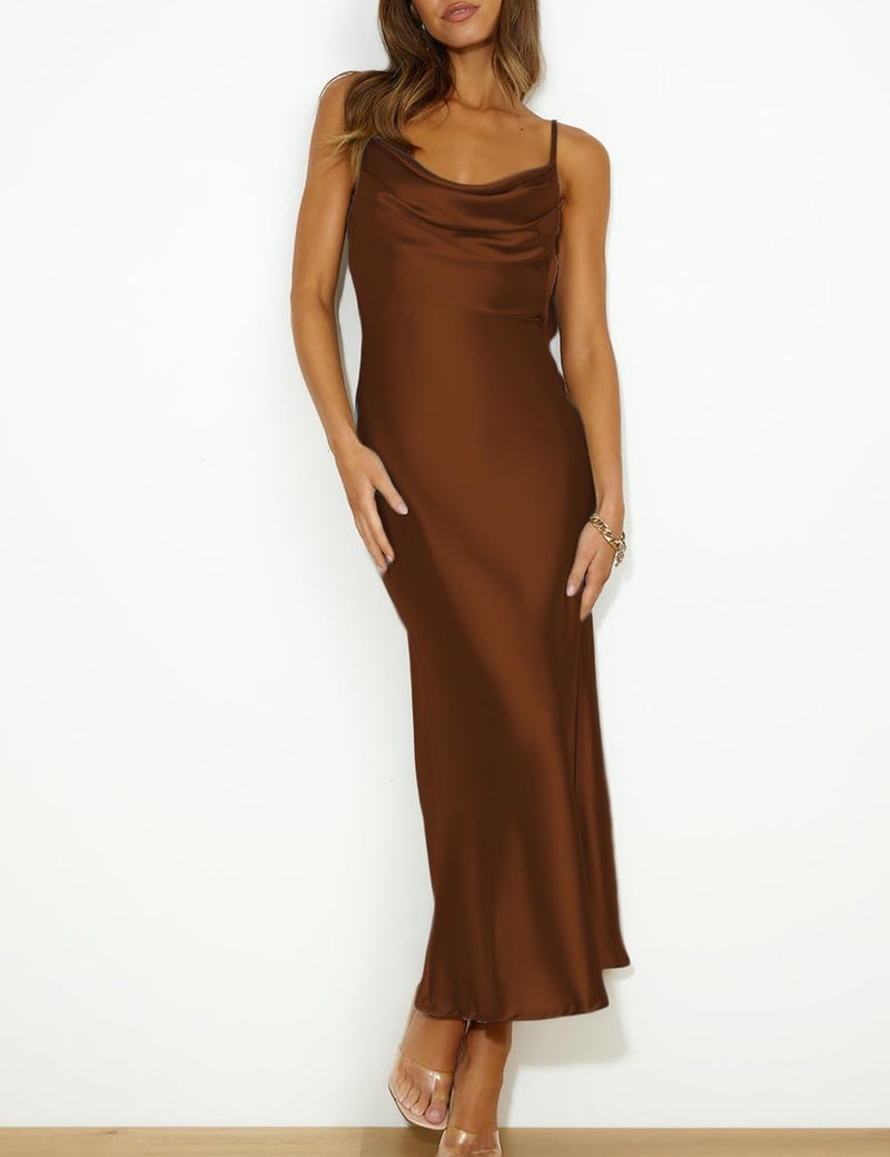 Mogidol Summer Satin Spaghetti Strap Cowl Neck Backless Midi Dresses for Women Elegant Tie Low Back Ruched Cocktail Dress Brown - Image 4