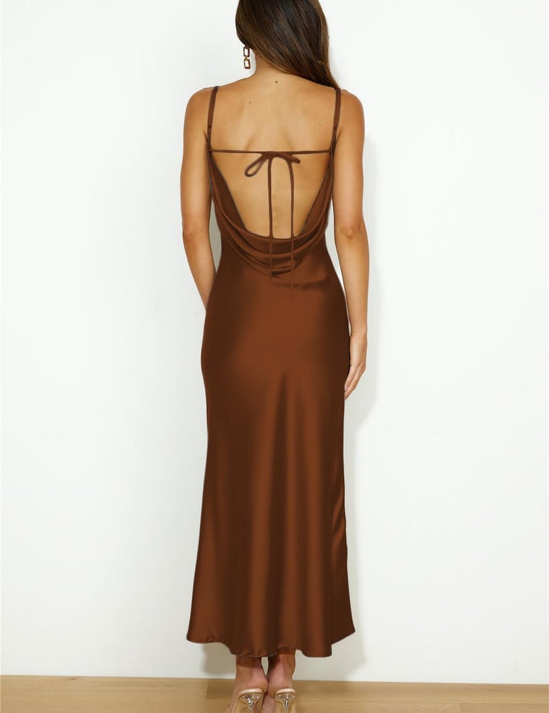Mogidol Summer Satin Spaghetti Strap Cowl Neck Backless Midi Dresses for Women Elegant Tie Low Back Ruched Cocktail Dress Brown - Image 2