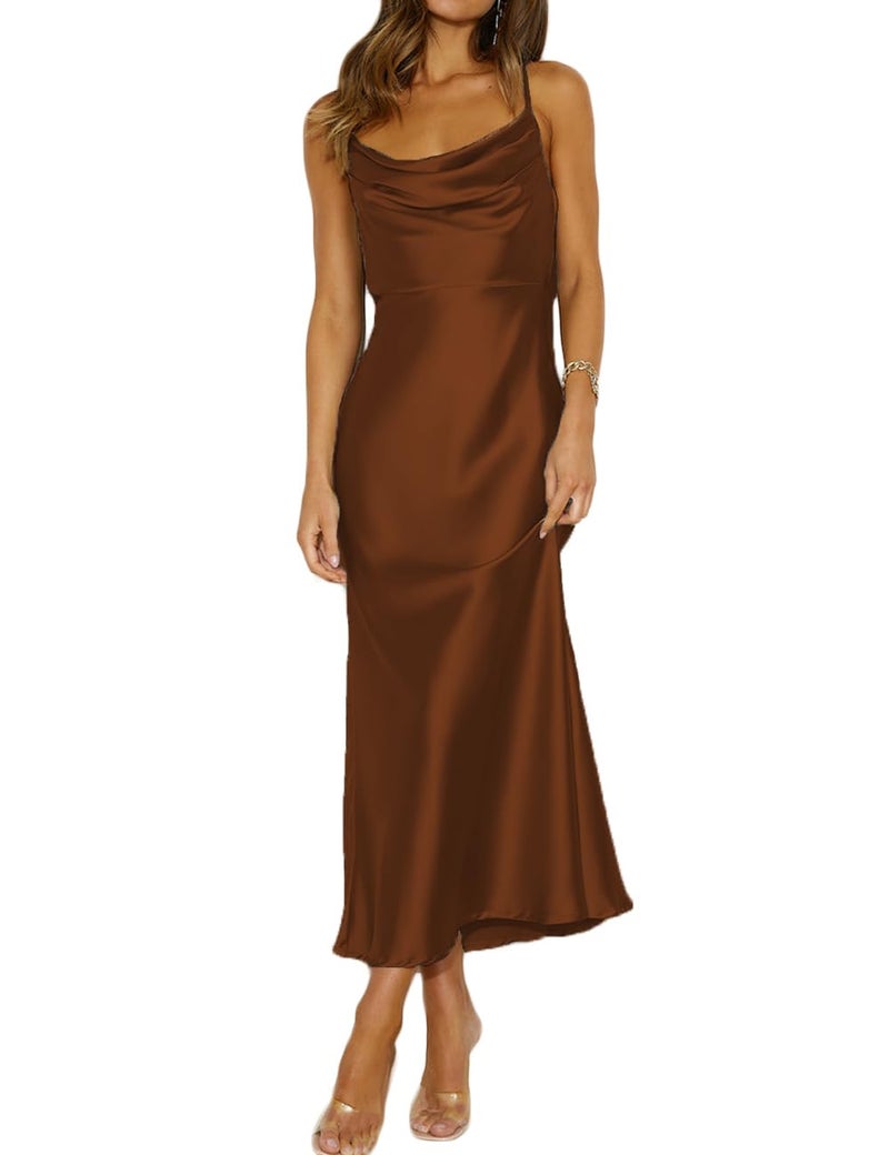 Mogidol Summer Satin Spaghetti Strap Cowl Neck Backless Midi Dresses for Women Elegant Tie Low Back Ruched Cocktail Dress Brown - Image 1