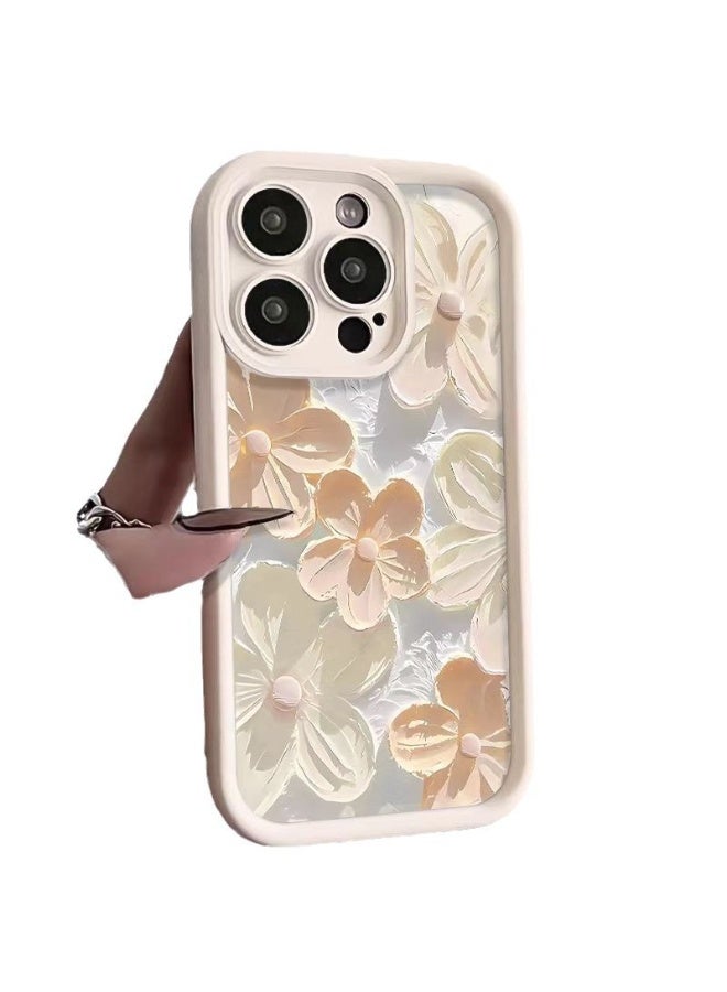 جراب iPhone 16 Pro أبيض لامع، تصميم زهور زيتية أنيقة، غطاء ناعم من مادة TPU مقاوم للصدمات وبصمات الأصابع للنساء والفتيات - Image 3